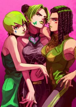 3girls aqua_eyes aqua_hair arm_on_another&#039;s_shoulder bare_shoulders black_hair black_pants blue_eyes blue_hair braid breasts bun_with_braided_base commentary curtained_hair double_bun dreadlocks ermes_costello eyelashes facial_mark foo_fighters_(jojo) forehead_tattoo green_eyes green_hair green_lips green_overalls green_vest hair_bun hand_on_another&#039;s_waist hand_on_own_hip hand_on_own_stomach head_tilt highres jojo_no_kimyou_na_bouken kuujou_jolyne looking_at_viewer looking_to_the_side medium_breasts medium_hair multicolored_hair multiple_girls navel overalls pants parted_bangs pink_background ribbed_sweater short_hair sleeveless sleeveless_sweater small_breasts spider_web_print stone_ocean sweater tattoo togusa_jj turtleneck turtleneck_sweater two-tone_hair vest yellow_sweater