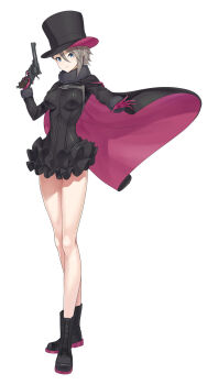 1girl absurdres ange_(princess_principal) black_boots black_cape black_dress black_gloves black_hat blue_eyes boots brown_hair cape commentary_request commission dress full_body gloves gun handgun hat highres holding holding_gun holding_weapon legs looking_at_viewer multicolored_gloves mytea_(soso) pink_cape pink_gloves princess_principal short_hair simple_background skeb_commission solo standing top_hat two-sided_cape two-sided_fabric two-tone_gloves weapon white_background