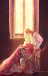 1boy 1girl absurdres architecture blonde_hair braid brother_and_sister cape commission elden_ring from_side gothic_architecture hair_over_eyes highres kneeling lap_pillow long_hair malenia_blade_of_miquella miquella_(elden_ring) multiple_braids onex111x parted_lips prosthesis prosthetic_arm prosthetic_leg red_cape red_hair siblings sitting tunic very_long_hair white_tunic window
