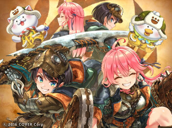 2girls 35p_(sakura_miko) :d ^_^ ahoge armor black_hair blue_eyes braid breastplate buru-dai closed_eyes commentary_request copyright_notice double-parted_bangs facing_viewer fur-trimmed_jacket fur_trim gauntlets green_jacket grin hair_between_eyes hair_ribbon half_up_braid holding holding_shield holding_sword holding_weapon hololive hood hooded_jacket jacket leather leather_jacket long_hair looking_at_viewer mask mask_on_head monster_hunter:_world monster_hunter_(series) mouth_mask multiple_girls official_art oozora_subaru open_mouth pink_hair rerebrace ribbon sakura_miko shield short_hair sidelocks skirt smile subatomo_(big) swept_bangs sword virtual_youtuber weapon