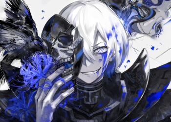 1boy animal_on_arm armor bird bird_on_arm black_bird cassado_zeola_whiter crow flower grendizer_u looking_at_viewer mask mazinger_(series) official_art short_hair smile solo ufo_robo_grendizer white_hair