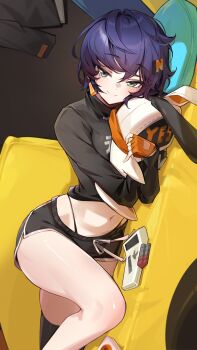 1girl absurdres bangboo_(zenless_zone_zero) belle_(zenless_zone_zero) black_shirt black_shorts blue_hair commentary_request couch dolphin_shorts eous_(zenless_zone_zero) goomrrat green_eyes hair_ornament highres letter_hair_ornament looking_at_viewer lying midriff navel on_couch on_side panty_straps shirt short_hair shorts smile thighs zenless_zone_zero