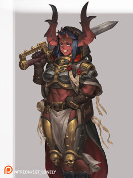 1girl abs armor belt black_hair book chaos_(warhammer) colored_skin demon_girl demon_horns gloves green_eyes hand_on_own_hip highres holding holding_sword holding_weapon hood horns inquisition_(warhammer) loincloth muscular muscular_female purity_seal red_skin scroll sgt_lonely skull solo sword teeth warhammer_40k weapon