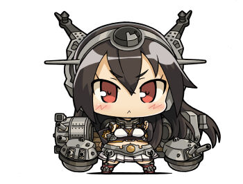 1girl :&lt; black_hair blush breasts chibi chibi_only clenched_hand closed_mouth garter_straps hair_between_eyes hand_on_own_hip headgear kantai_collection long_hair medium_breasts miniskirt nagato_(kancolle) pleated_skirt red_eyes red_thighhighs rigging simple_background skirt solo standing thighhighs white_background white_skirt yagumo_kengou