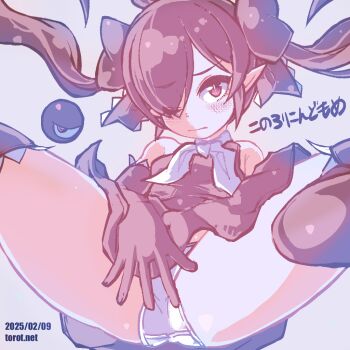 1girl backbeako_(torotei) backbeard bare_shoulders black_dress black_gloves black_hair black_thighhighs blush closed_mouth commentary covering_privates dated dated_commentary dress elbow_gloves eyes_visible_through_hair floating_hair gegege_no_kitarou gloves hair_over_one_eye hair_ribbon kono_lolicon_domome light_frown loli long_hair looking_at_viewer neckerchief no_shoes one_eye_closed original paid_reward_available panties pointy_ears red_eyes ribbon simple_background sleeveless sleeveless_dress solo spread_legs thighhighs thighs torotei translated twintails underwear watermark web_address white_background white_neckerchief white_panties