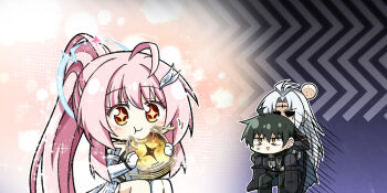 Rule 34 | 1girl, 2boys, aemeath (wuthering waves), ahoge, black hair, calcharo (wuthering waves), commentary request, eating, elbow gloves, gloves, grey hair, hair ornament, highres, holding, korean commentary, long hair, male rover (wuthering waves), multiple boys, orange eyes, pink hair, ponytail, rover (wuthering waves), star-shaped pupils, star (symbol), symbol-shaped pupils, white gloves, windy (jazz9207), wuthering waves