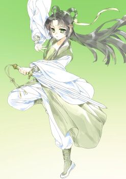 Rule 34 | 1girl, absurdres, bad source, black hair, chinese clothes, duijin ruqun, gradient background, green background, green eyes, hair rings, hanfu, highres, holding, holding sword, holding weapon, long hair, original, parted bangs, ribbon, solo, sword, weapon, zhaoye mimi
