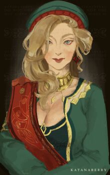 1girl akademiya_uniform blonde_hair breasts cleavage dress gem genshin_impact green_gem green_hat green_robe hat highres katanaberry large_breasts long_hair red_sash robe sash signora_(genshin_impact) solo