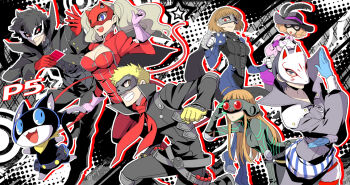 10s 4girls amamiya_ren black_hair blue_eyes bodysuit braid brown_hair crown_braid fox_(persona_5) gloves hat joker_(persona_5) kitagawa_yuusuke mask miyasumi_(jam_session) morgana_(persona_5) multiple_boys multiple_girls niijima_makoto noir_(persona_5) okumura_haru oracle_(persona_5) orange_hair panther_(persona_5) persona persona_5 queen_(persona_5) red_eyes sakamoto_ryuuji sakura_futaba short_hair skull_(persona_5) takamaki_anne twintails