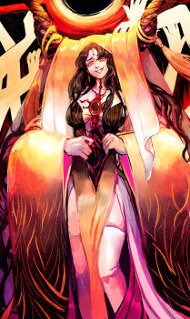 1girl black_hair breasts cleavage demon_girl demon_horns detached_sleeves evil_grin evil_smile fate/grand_order fate_(series) grin highres horns large_breasts long_hair portal_(object) sessyoin_kiara sessyoin_kiara_(beast_iii/r) sessyoin_kiara_(heaven&#039;s_hole) smile solo thighhighs verifying_(artist) very_long_hair white_thighhighs yellow_eyes