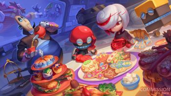 1girl 3boys absurdres cookie crossover cubot dr._eggman dr._nefarious food glitch highres indoors lawrence_(ratchet_&amp;_clank) miitara multiple_boys orbot ratchet_&amp;_clank red_eyes robot sage_(sonic) sonic_(series) table white_hair