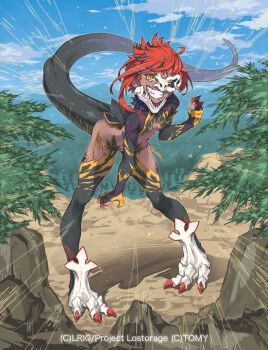 1girl black_hair black_scales blue_sky breasts cleavage closed_mouth cloud copyright_notice dark-skinned_female dark_skin dragon_girl dragon_tail fangs leaf looking_at_viewer medium_hair multicolored_hair official_art outdoors red_hair satoma_makoto sky small_breasts smile solo streaked_hair tail tarbo_(wixoss) tree wixoss yellow_eyes