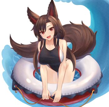 1girl absurdres alternate_hairstyle animal_ear_fluff animal_ears breasts brown_hair cleavage commentary_request fang fingernails highres imaizumi_kagerou looking_at_viewer low_twintails mikotouca open_mouth pool red_nails skin_fang smile solo swimsuit tail touhou twintails white_background wolf_ears wolf_girl wolf_tail