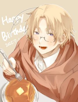 1boy ahoge axis_powers_hetalia blonde_hair blush border brown_background buttons canada_(hetalia) collared_shirt dated english_text food fork glasses grey-framed_eyewear hair_between_eyes half-closed_eyes hand_up happy_birthday harutoro_39487 hashtag-only_commentary highres holding holding_fork hood hoodie long_sleeves male_focus open_mouth outside_border parted_bangs plate pudding puffy_long_sleeves puffy_sleeves purple_eyes red_hoodie semi-rimless_eyewear shirt short_hair simple_background smile solo table teeth upper_body white_border white_shirt