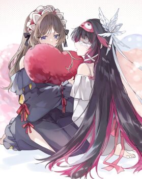 Rule 34 | 2girls, alternate costume, bare shoulders, barefoot, black hair, black pajamas, black sleeves, bow, brown hair, closed eyes, columbina (genshin impact), commentary request, detached collar, eye mask, feathered wings, genshin impact, hair bow, hair ornament, head wings, headdress, heart, heart-shaped pillow, hugging object, kneeling, mask, multicolored hair, multiple girls, multiple wings, open mouth, pajamas, pillow, purple hair, purple streaks, sandrone (genshin impact), satorigame, see-through clothes, see-through mask, short hair with long locks, sleepwear, white headdress, white mask, white pajamas, white wings, wing hair ornament, wings, x-shaped eyewear