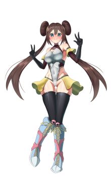 Rule 34 | 1girl, absurdres, bare shoulders, black thighhighs, blue eyes, blush, breasts, brown hair, covered navel, donut hair bun, double bun, elbow gloves, gloves, hair bun, highres, impossible clothes, impossible leotard, large breasts, leotard, long hair, looking at viewer, nintendo, pokemon, pokemon bw2, rosa (pokemon), showgirl skirt, simple background, skin tight, smile, solo, taimanin (series), taimanin suit, thighhighs, twintails, wato (watto1005), zoom layer