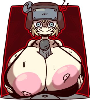 1boy 1girl alpha_transparency black_tank_top blonde_hair blue_eyes border breasts c&#039;venash_vishneri creepy_eyes helmet hetero huge_breasts large_areolae large_penis looking_at_viewer nipples paizuri pale_skin penis pov psychopomp_(game) radio_antenna red_background red_border shaded_face short_hair spurhuns straight-on sweat tank_top veins veiny_penis