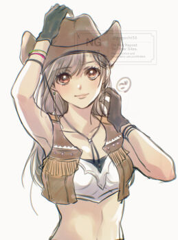 1girl arm_up armpits bare_shoulders black_hair blush bracelet breasts brown_gloves brown_hat brown_vest closed_mouth collarbone commentary_request cowboy_hat crisis_core_final_fantasy_vii crop_top final_fantasy final_fantasy_vii final_fantasy_vii_rebirth final_fantasy_vii_remake gloves gogochi55 hand_on_headwear hat highres jewelry long_hair looking_at_viewer medium_breasts midriff official_alternate_costume open_clothes open_vest red_eyes signature simple_background solo swept_bangs tifa_lockhart tifa_lockhart_(cowgirl) upper_body vest