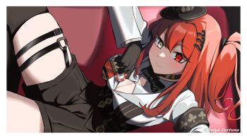 1girl absurdres armband black_armband black_bow black_bowtie black_gloves black_shorts bow bowtie breasts character_name cleavage closed_mouth cowboy_shot daiya_fortuna gloves grey_eyes hat heterochromia highres large_breasts long_hair long_sleeves looking_at_viewer mini_hat name_tag pixellink pocket_watch reclining red_eyes red_hair shirt shirt_tucked_in shorts side_ponytail smile solo top_hat virtual_youtuber watch white_shirt yachiyo_(psy_omachi)