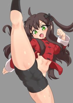 1girl ahoge arima_miyako basukechi bike_shorts black_bow black_socks bow breasts brown_hair cameltoe chinese_clothes commentary covered_erect_nipples fang green_eyes hair_bow high_kick highres impossible_clothes kicking loli melty_blood open_mouth small_breasts socks solo sweat thighhighs tsukihime two_side_up v-shaped_eyebrows