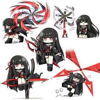 &gt;_&lt; 1girl arm_cutout black_cat black_choker black_hair black_jacket black_serafuku black_shirt black_shoes black_skirt bright_pupils cat chisa_(wuthering_waves) choker closed_eyes clothing_cutout commentary_request flying_sweatdrops food food_in_mouth hair_ribbon highres holding holding_sword holding_weapon jacket korean_commentary long_hair long_sleeves looking_at_viewer mole mole_under_eye multiple_views neckerchief open_mouth pocky pocky_in_mouth red_eyes red_neckerchief red_ribbon ribbon sailor_collar school_uniform serafuku shirt shoes sitting skirt sword very_long_hair weapon white_pupils white_sailor_collar windy_(jazz9207) wuthering_waves
