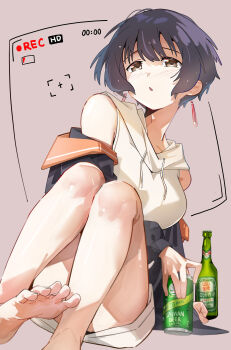 1girl absurdres avarangers barefoot beer_bottle beer_can black_hair black_jacket blush bottle brown_background brown_eyes can chang_chin-lan commentary_request drawstring drink_can earrings feet foreshortening highres hood hoodie jacket jewelry kamiina_botan_yoeru_sugata_wa_yuri_no_hana parted_lips recording short_hair simple_background sleeveless sleeveless_hoodie soles solo spread_toes taiwan_beer toes viewfinder white_hoodie