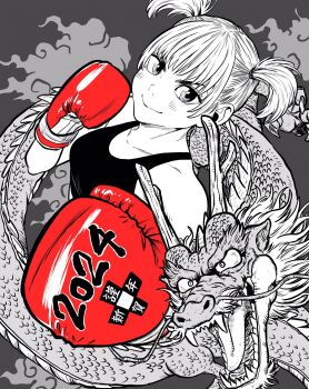 1girl 2024 boxing_gloves breasts chinese_zodiac commentary_request dragon eastern_dragon eyelashes gloves greyscale highres lee_(dragon_garou) light_blush medium_breasts midriff monochrome original red_gloves short_twintails smile sports_bra spot_color translation_request twintails upper_body v-shaped_eyebrows year_of_the_dragon