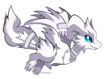 artist_name blue_eyes blue_sclera claws closed_mouth colored_sclera commentary english_commentary fang flying gen_5_pokemon highres legendary_pokemon nintendo no_humans pokemon pokemon_(creature) reshiram simple_background solo white_background woofzilla