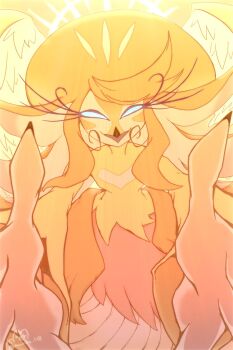 1girl absurdly_long_hair beak bird_girl blonde_hair blue_eyes commentary dress english_commentary feathers furry furry_female hazbin_hotel hellaverse highres long_eyelashes long_hair looking_at_viewer meribe solo speaker_of_god_(hazbin_hotel) very_long_hair yellow_dress yellow_feathers