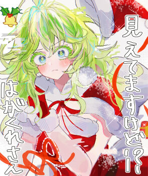 1girl absurdres blush boku_no_hero_academia capelet colored_eyelashes commentary_request dress fur-trimmed_capelet fur-trimmed_dress fur-trimmed_gloves fur-trimmed_headwear fur_trim gloves grey_hair hagakure_toru hat highres holding holding_sack long_hair looking_at_viewer red_capelet red_dress red_gloves red_hat revision sack san_(sanmi0613) santa_costume santa_hat solo sweatdrop translation_request unworn_hat unworn_headwear upper_body