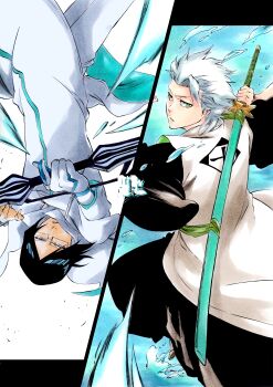 2boys absurdres black_hair black_hakama black_kimono bleach blue_eyes bow_(weapon) capelet glasses gloves green_eyes hakama haori highres hitsugaya_toushirou holding holding_bow_(weapon) holding_sword holding_weapon ishida_uryuu jacket japanese_clothes ken'ichi_(ken1ro_u) kimono male_focus multiple_boys pants parted_lips quincy_(bleach) shihakusho single_glove sword sword_on_back taichou_haori upside-down weapon weapon_on_back white_capelet white_hair white_haori white_jacket white_pants zanpakutou
