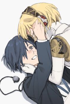 1boy 1girl aigis_(persona) android black_jacket blonde_hair blue_hair closed_eyes commentary_request crying earphones from_side gold_hairband grey_eyes grin hair_over_one_eye hairband hand_on_another&#039;s_face hideyo746 highres jacket joints long_sleeves looking_at_another lying on_back on_ground open_clothes open_jacket persona persona_3 robot_ears robot_joints shadow short_hair simple_background sketch smile tears upper_body white_background yuuki_makoto_(persona_3)