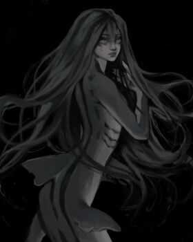 1girl absurdres black_background commentary english_commentary facing_away floating_hair grey_hair hands_up highres long_hair looking_at_viewer looking_to_the_side mermaid monster_girl nude original shark_girl simple_background smile solo twulfs yellow_eyes