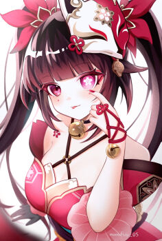1girl :p arm_up artist_name bare_shoulders bell black_choker black_gloves black_sash blunt_bangs blush breasts brown_hair c7_master chest_tattoo choker commentary_request criss-cross_halter dress eyeliner facial_mark finger_to_eye flower-shaped_pupils flower_tattoo fox_mask gloves hair_bell hair_ornament halterneck highres honkai:_star_rail honkai_(series) japanese_clothes jingle_bell kimono long_hair looking_at_viewer makeup mask mask_on_head neck_bell o-ring obi pink_eyes red_dress red_eyeliner red_nails red_sleeves revision sash simple_background single_glove sleeveless sleeveless_kimono smile solo sparkle_(honkai:_star_rail) symbol-shaped_pupils tattoo tongue tongue_out twintails upper_body white_background