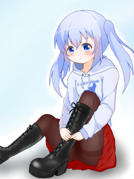 1girl absurdres black_boots block_heels blue_eyes blue_hair boots commentary english_commentary gochuumon_wa_usagi_desu_ka? highres kafuu_chino knee_boots lace-up_boots mochiduki pantyhose