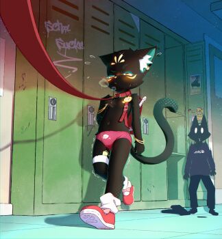 1girl 1other aas_(pixiv_3382255) animal_ear_fluff animal_ears animal_nose backpack bag bell_ear_ornament belt_collar black_fur blush body_fur bracelet breath closed_mouth collar commentary english_commentary facial_mark flat_chest flute forehead_mark furry furry_female graffiti half-closed_eyes hand_up highres indoors instrument jewelry leash locker loose_socks navel nipples original panties paw_print_soles polka_dot polka_dot_panties print_panties public_indecency randoseru recorder red_bag red_collar red_panties red_shoes remote_control_vibrator school school_bag sex_toy shoes signature socks sweat tail tail_raised thigh_strap topless_female trembling underwear underwear_only vibrator vibrator_in_thigh_strap walking white_socks ych_commission yellow_eyes