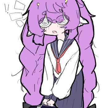 1girl @_@ animal_ears blush braid chickenrex cow_ears glasses horns long_hair looking_at_viewer muu_muyu phase_connect purple_hair school_uniform serafuku skirt solo very_long_hair virtual_youtuber white_background