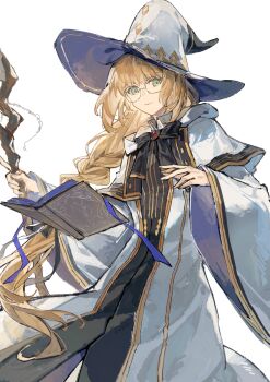 1girl aesc_(fate) aesc_(rain_witch)_(fate) black_ribbon black_robe blonde_hair book braid brooch capelet cloak collar fate/grand_order fate_(series) floating floating_book floating_object gem glasses green_eyes hat highres holding holding_staff jewelry jnsghsi light_smile long_hair long_sleeves looking_at_viewer ponytail red_gemstone ribbon robe round_eyewear simple_background single_braid sketch smile solo staff striped_clothes two-sided_fabric two-sided_headwear two-tone_robe two-tone_sleeves very_long_hair white_background white_capelet white_cloak white_hat white_robe wide_brim wide_sleeves witch_hat