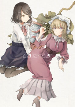 2021 2girls :o april black_pantyhose blonde_hair blue_skirt boots bow bowtie brown_eyes brown_hair calendar_(medium) closed_mouth commentary dress flower flower_request frills hair_between_eyes hair_bow hat highres leaf long_dress long_sleeves looking_at_another lying maribel_hearn mob_cap multicolored_eyes multiple_girls no_headwear on_back open_mouth pantyhose poteimo_(poteimo622) puffy_long_sleeves puffy_sleeves purple_dress purple_eyes ribbon seiza shirt short_hair simple_background sitting skirt swept_bangs touhou two-tone_eyes usami_renko white_background white_bow white_hat white_ribbon white_shirt yellow_eyes