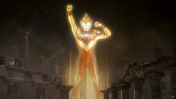 Rule 34 | 1boy, 295609159hhj, absurdres, alien, armor, arms up, aura, breastplate, clenched hands, color timer, colored skin, commentary, compound eyes, crystal, dark background, dorsal fin, english commentary, feet out of frame, figure (medium), forehead jewel, giant, giant male, glowing, glowing eyes, gold aura, gold skin, highres, light particles, looking ahead, male focus, multicolored skin, no pupils, outdoors, pectorals, photo (medium), photoshop (medium), purple skin, red skin, ruins, solo, standing, tokusatsu, toned, toned male, ultra series, ultraman tiga, ultraman tiga: the final odyssey, ultraman tiga (glitter tiga), ultraman tiga (series), white eyes, wrinkled skin