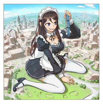 1girl :d absurdres apron between_legs breasts brown_hair building city cleavage cloud commentary dattosan detached_sleeves english_commentary giant giantess hand_between_legs highres holding juliet_sleeves lace lace-trimmed_thighhighs lace_trim long_hair long_sleeves maid maid_apron maid_headdress mary_janes medium_breasts open_mouth original pleated_skirt puffy_sleeves purple_eyes shoe_print shoes sitting skirt sky smile solo teeth thighhighs train upper_teeth_only wariza white_thighhighs