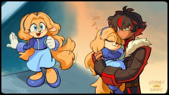 1boy 1girl absurdres animal_ears animal_nose artist_name blonde_hair blue_dress blue_eyes blue_hairband carrying closed_mouth commentary dog_ears dog_girl dog_tail dress english_commentary furry gloves hairband highres humanization lemonlysunny long_hair long_sleeves male_focus maria_robotnik open_mouth red_eyes shadow_the_hedgehog shoes sonic_(series) tail white_gloves zzz