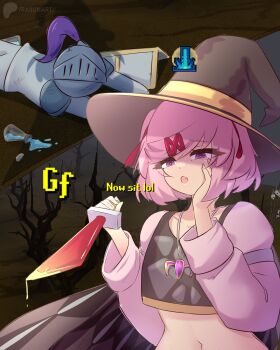 1girl 1other :o absurdres apu_spills_his_tendies_(meme) artist_name commentary crossover doki_doki_literature_club dokidoki!_precure english_commentary english_text fang gameplay_mechanics glass_bottle hair_ribbon hand_on_own_cheek hand_on_own_face hat helm helmet highres holding holding_weapon looking_at_another lying meme natsuki_(doki_doki_literature_club) navel old_school_runescape on_stomach patreon_logo patreon_username pink_hair potion precure purple_eyes raion_(raionart) red_ribbon ribbon runescape short_hair skin_fang weapon witch_hat