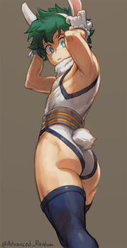 1boy advanced_random animal_ears ass boku_no_hero_academia closed_mouth cosplay cowboy_shot crossdressing crossdressing_(mtf) fake_animal_ears freckles from_below green_hair heattech_leotard highleg highleg_leotard highres leotard looking_at_viewer male_focus midoriya_izuku mirko mirko_(cosplay) purple_thighhighs rabbit_ears rabbit_tail short_hair simple_background sleeveless sleeveless_turtleneck solo superhero_costume tail thighhighs thighs turtleneck twitter_username white_leotard