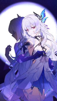 2girls absurdres bare_shoulders black_gloves breasts chinese_commentary cleavage closed_mouth commentary_request dress dual_persona elbow_gloves genshin_impact gloves grey_hair hair_between_eyes hair_ornament highres jewelry long_hair looking_at_viewer multiple_girls purple_gloves red_eyes skirk_(genshin_impact) sleeveless sleeveless_dress thighhighs white_dress white_hair xrchuan_(annaxrc)