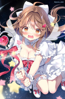 1girl ahoge blush bow braid breasts brown_eyes brown_hair cleavage commentary_request crop_top frilled_socks frills hair_bow hair_intakes holding holding_wand knees_together_feet_apart kokoa-chan_(pan_(mimi)) layered_skirt looking_at_viewer magical_girl medium_breasts open_mouth original pan_(mimi) pleated_skirt shoes skirt socks solo space star_(symbol) tears twitter_username wand wavy_mouth white_bow white_shoes white_skirt white_socks