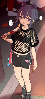 absurdres bag bandeau black_hair black_shorts chocolate-covered_food chocolate_banana double_bun fishnet_top fishnets flat_chest hair_bun highres looking_at_viewer original petite short_shorts shorts sketch standing sukage