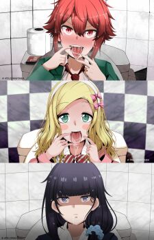 3girls aizawa_tomo astraea_(atelierastraea) black_hair blonde_hair blush blush_stickers bow bowtie carol_olston collared_shirt expressionless green_eyes grey_eyes gundou_misuzu hair_bow hairband highres long_hair multiple_girls necktie open_mouth oral_invitation red_eyes red_hair saliva shirt short_hair toilet toilet_paper toilet_stall tomo-chan_wa_onna_no_ko tongue tongue_out upper_body white_shirt