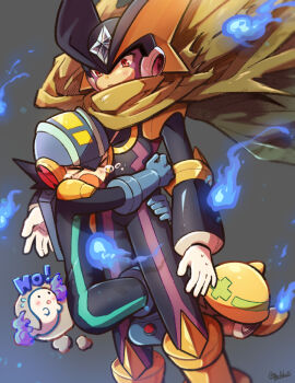 Rule 34 | > <, 2boys, bass.exe (mega man), black bodysuit, bodysuit, boots, brown cloak, clinging, cloak, closed mouth, commentary request, ghost, grey background, hitodama, hug, male focus, mega man (series), mega man battle network (series), megaman.exe, met (mega man), multiple boys, pechka, purple eyes, red eyes, tears, yaoi, yellow boots