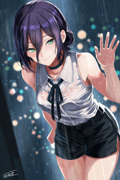 1girl absurdres against_glass black_shorts blurry bokeh breasts chainsaw_man choker closed_mouth commentary_request depth_of_field green_eyes highres leaning_forward looking_at_viewer purple_hair rain reze_(chainsaw_man) shirt short_shorts shorts sleeveless sleeveless_shirt smile wet wet_clothes wet_shirt white_shirt ya-ya